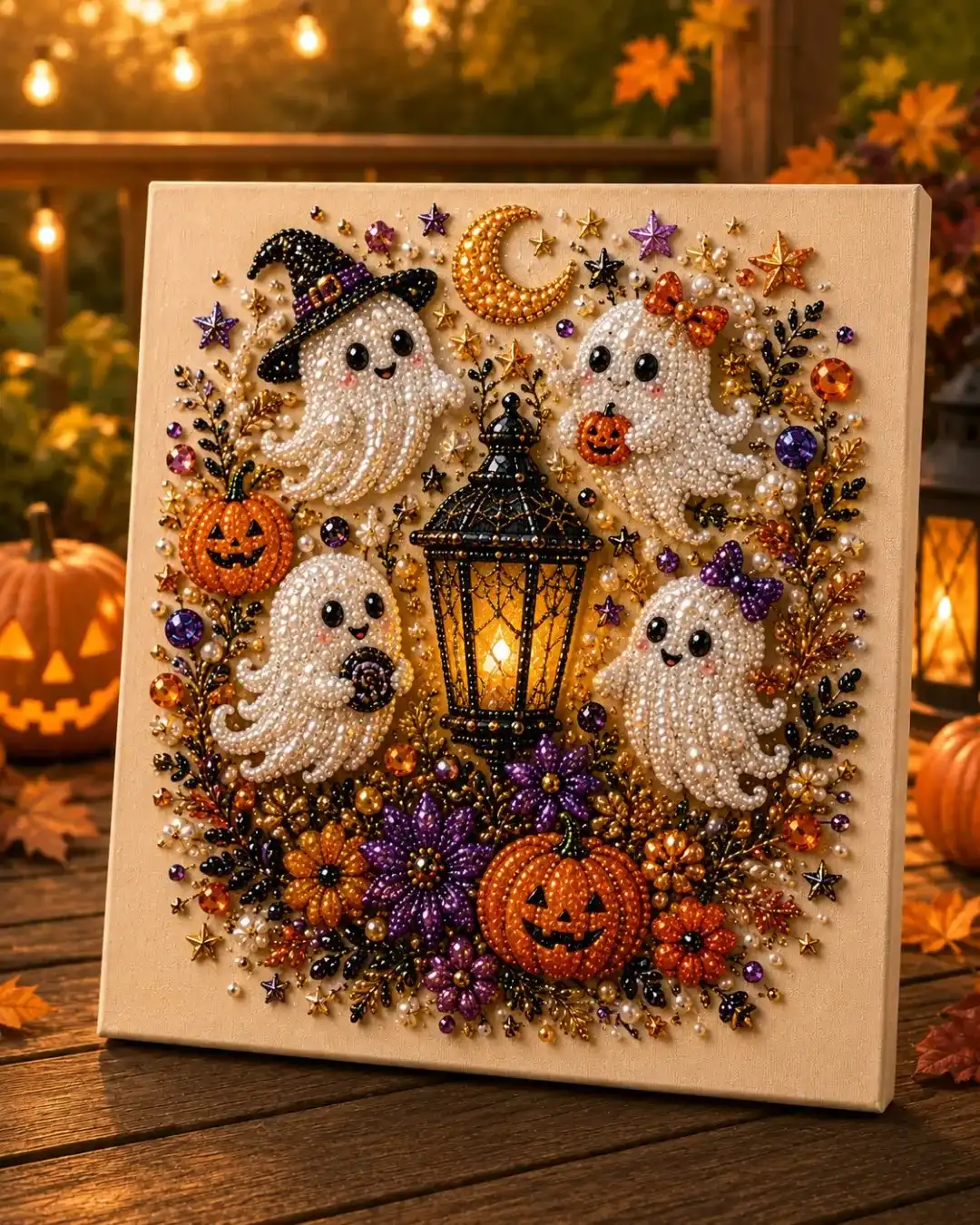 Halloween Ghost Pearl Diamond Art DIY Kit 3D Diamond Painting (Witch) | 11.8*11.8IN Frameless, Spooky Cute Design for Adults, DIY Fall Home Decor Wall Art, Halloween DIY Gift